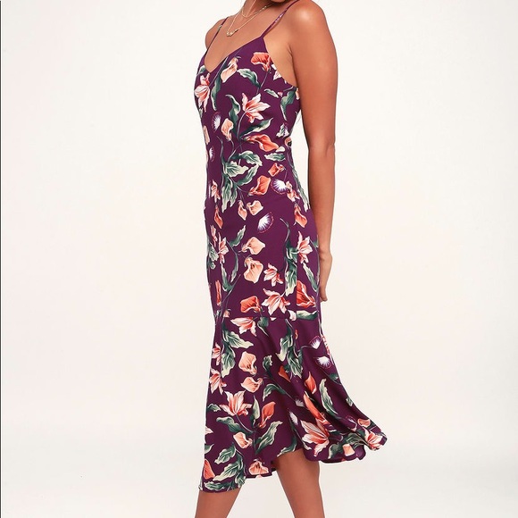 Purple Floral Print Midi Dress - Picture 2 of 4